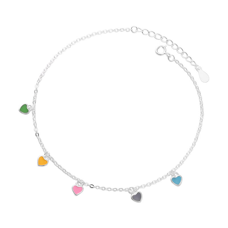 925 Sterling Silver Colorful Heart Anklet with Elegant Oil Drop Design