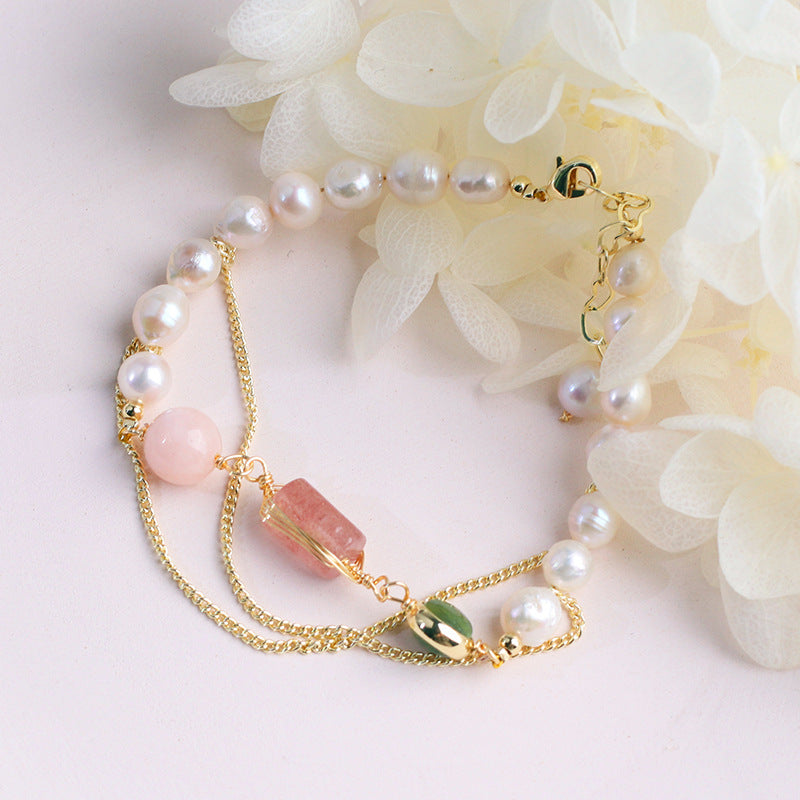 Freshwater Pearl & Strawberry Crystal Bracelet – Elegant Natural Women’s Jewelry