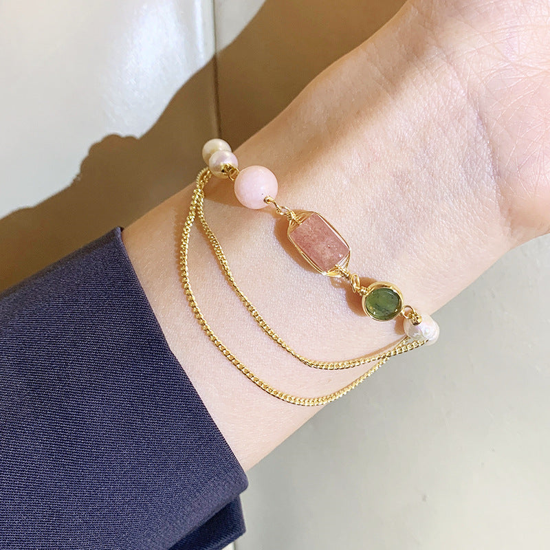 Freshwater Pearl & Strawberry Crystal Bracelet – Elegant Natural Women’s Jewelry