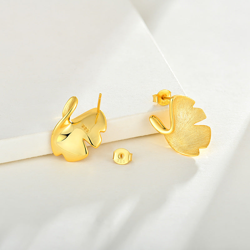 925 Sterling Silver Ginkgo Stud Earrings – 14K Gold Plated Elegant Niche Design for Women