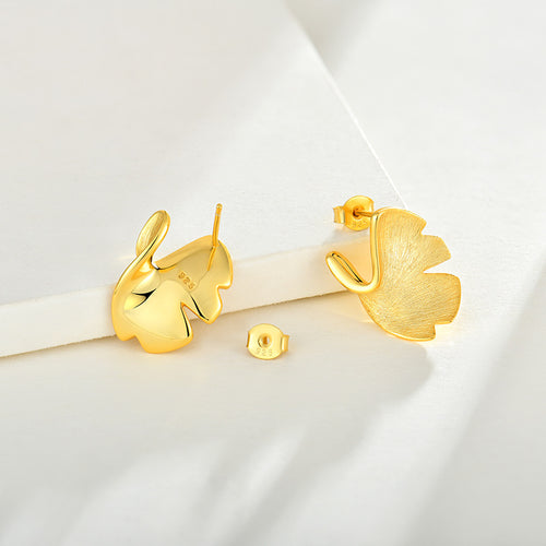 925 Sterling Silver Ginkgo Stud Earrings – 14K Gold Plated Elegant Niche Design for Women