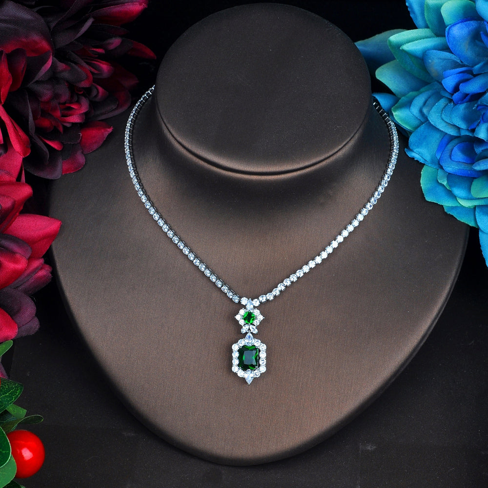 Dark Green Pendant Jewelry Set – Elegant Necklace & Earrings for Women