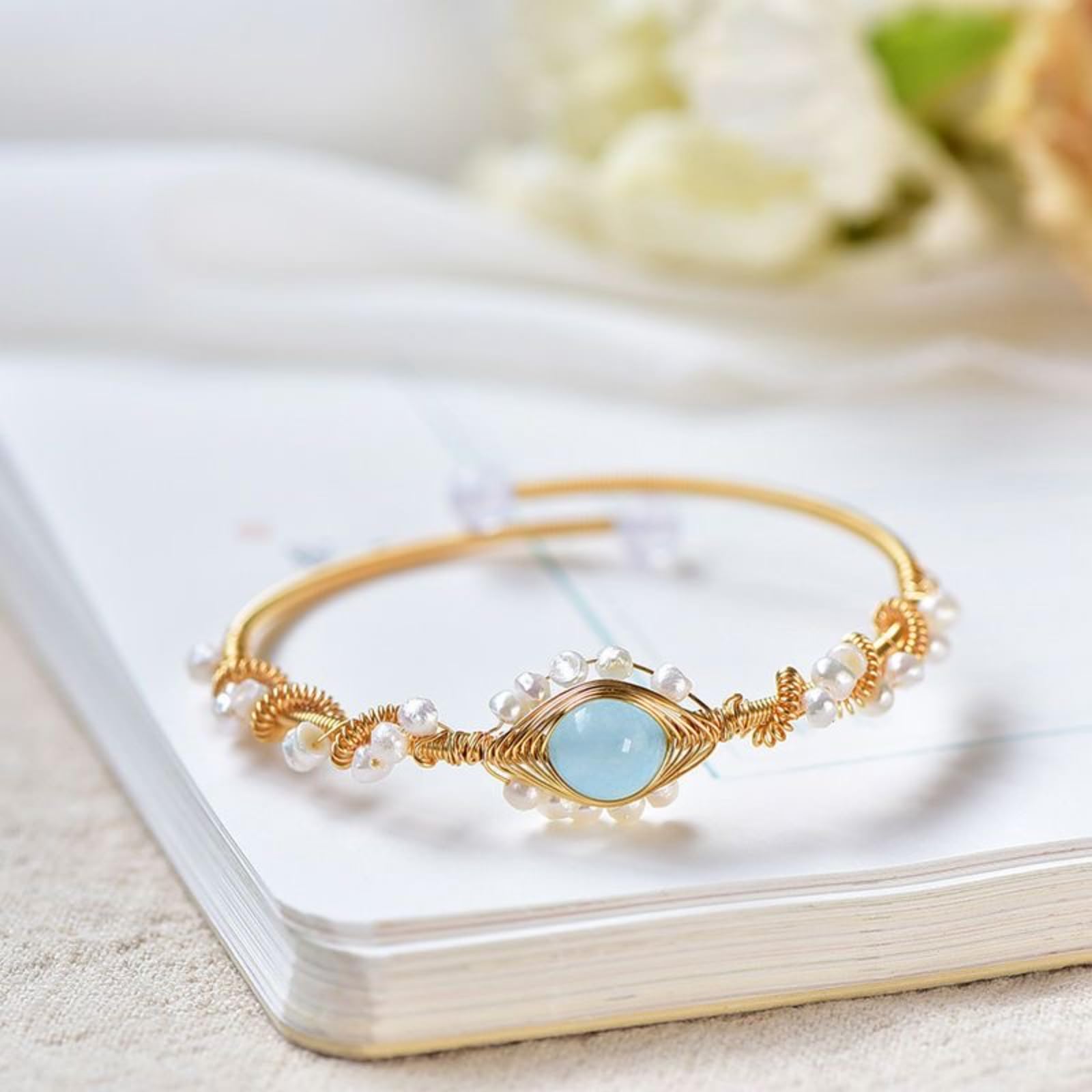 Gold Plated Pearl Bracelet for Women – Vintage Braided Cuff Fashion Jewelry