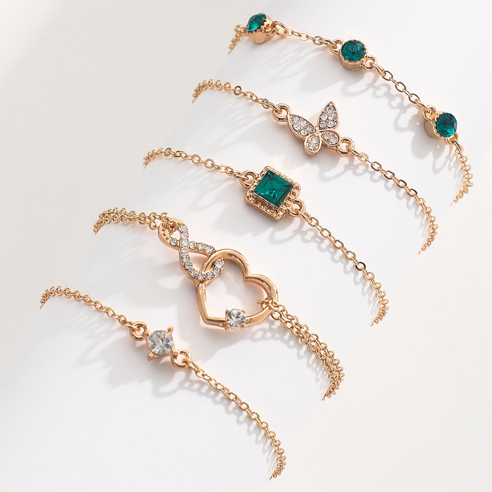Bohemian 5PCS Green Crystal Bracelet Set – Heart Charm Fashion Jewelry for Women