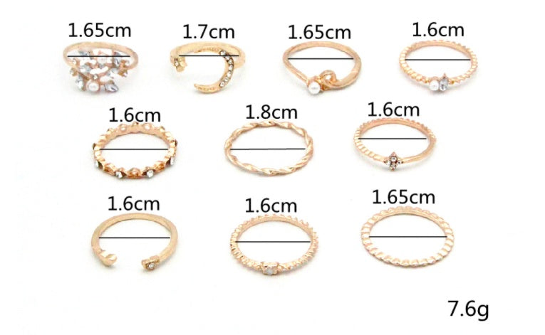 Boho Star & Moon Ring Set – 10-Piece Pearl Leaf Fashion Rings for Women