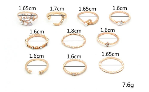 Boho Star & Moon Ring Set – 10-Piece Pearl Leaf Fashion Rings for Women