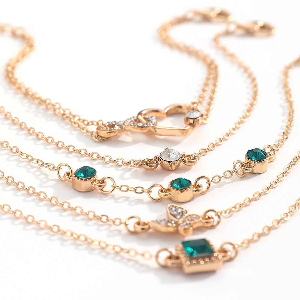 Bohemian 5PCS Green Crystal Bracelet Set – Heart Charm Fashion Jewelry for Women