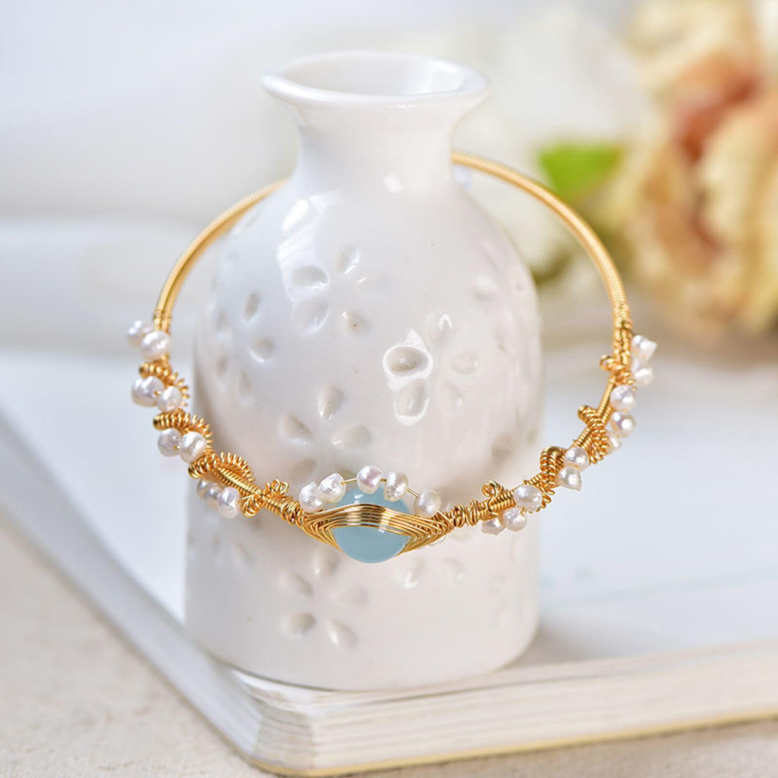 Gold Plated Pearl Bracelet for Women – Vintage Braided Cuff Fashion Jewelry
