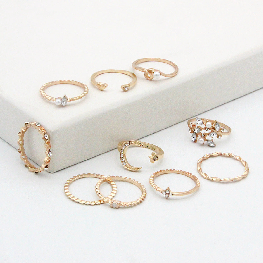 Boho Star & Moon Ring Set – 10-Piece Pearl Leaf Fashion Rings for Women