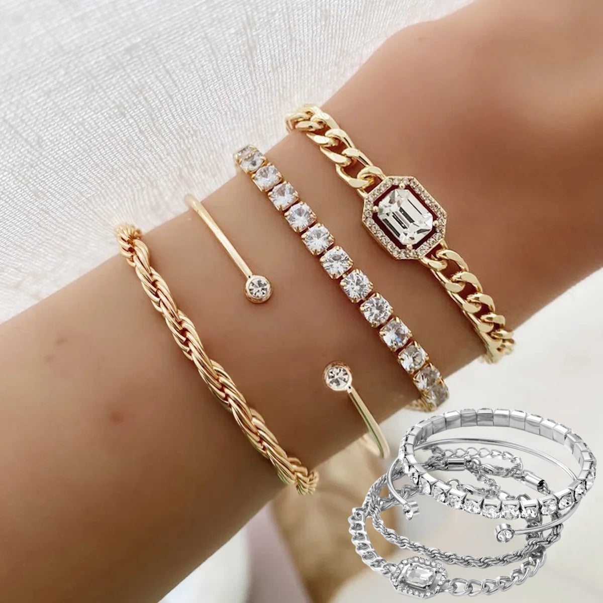 Bohemian 4PCS Crystal Bracelet Set – Vintage Twisted Cuff Fashion Jewelry for Women