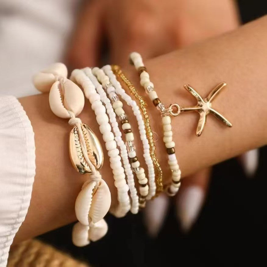 Resort Style Starfish Shell Rice Bead Anklet for Elegant Summer Beach Look