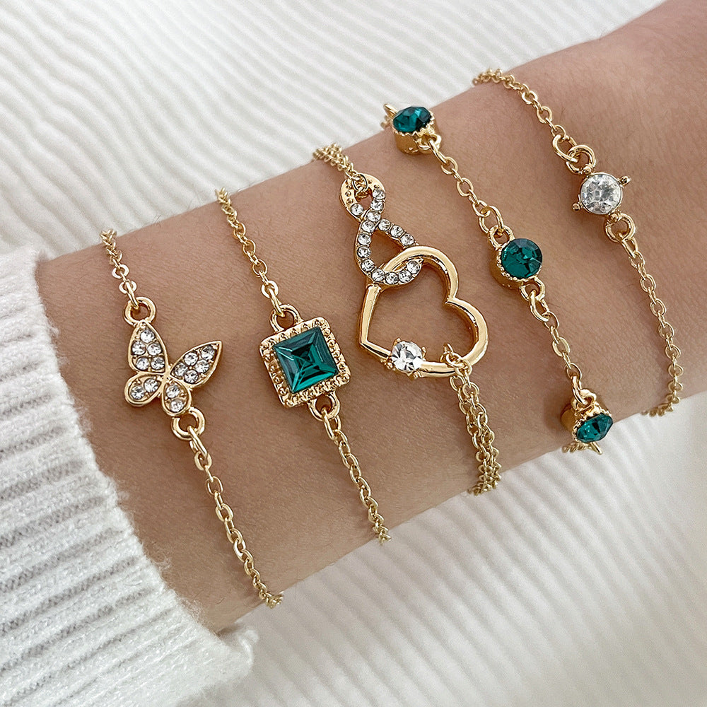 Bohemian 5PCS Green Crystal Bracelet Set – Heart Charm Fashion Jewelry for Women