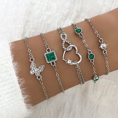 Bohemian 5PCS Green Crystal Bracelet Set – Heart Charm Fashion Jewelry for Women