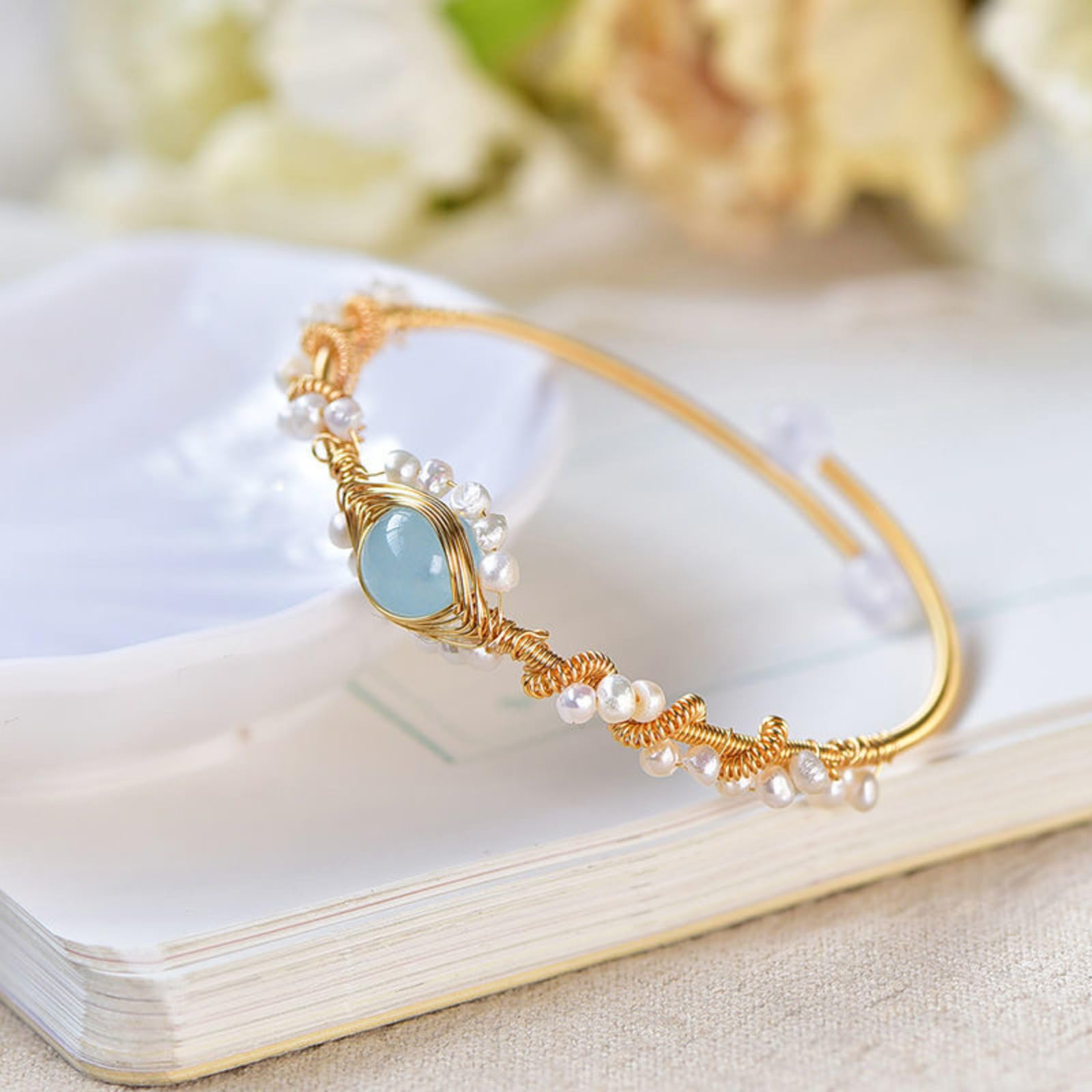 Gold Plated Pearl Bracelet for Women – Vintage Braided Cuff Fashion Jewelry