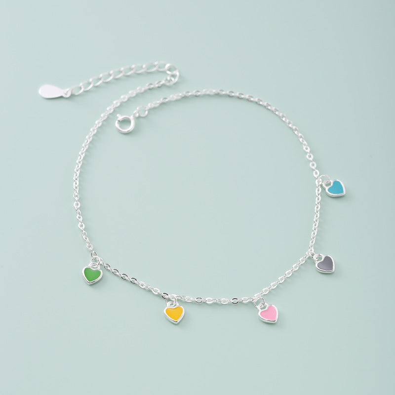925 Sterling Silver Colorful Heart Anklet with Elegant Oil Drop Design