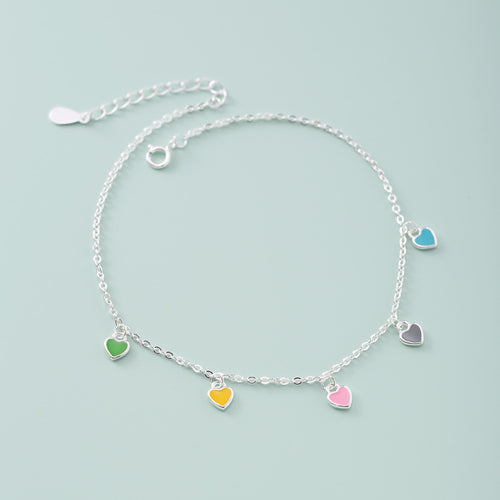 925 Sterling Silver Colorful Heart Anklet with Elegant Oil Drop Design