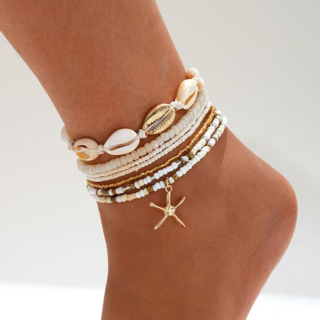 Resort Style Starfish Shell Rice Bead Anklet for Elegant Summer Beach Look