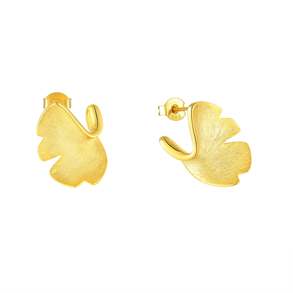 925 Sterling Silver Ginkgo Stud Earrings – 14K Gold Plated Elegant Niche Design for Women