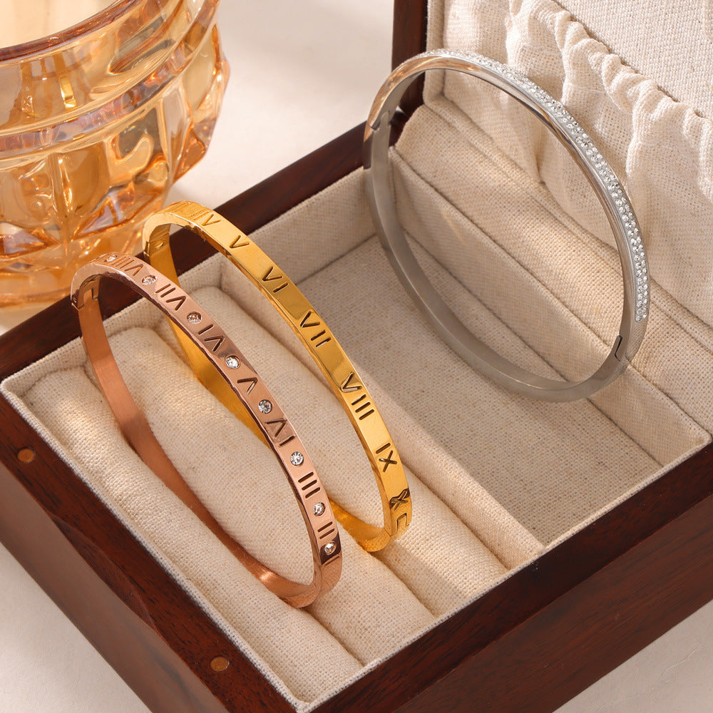 Retro Minority Unique Simple Jewelry Carved Roman Digital Design Diamond-embedded Titanium Steel Gold-plated Bracelet