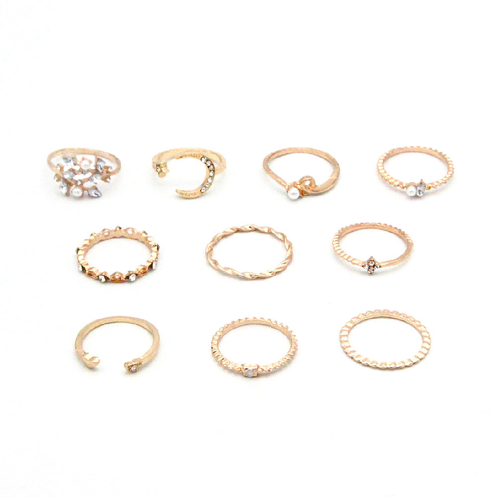 Boho Star & Moon Ring Set – 10-Piece Pearl Leaf Fashion Rings for Women