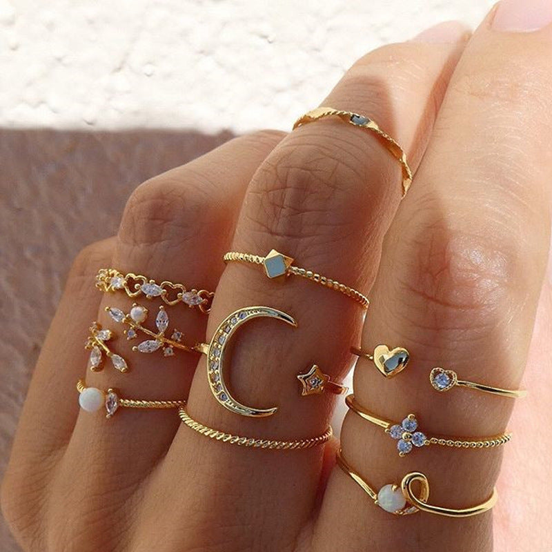 Boho Star & Moon Ring Set – 10-Piece Pearl Leaf Fashion Rings for Women