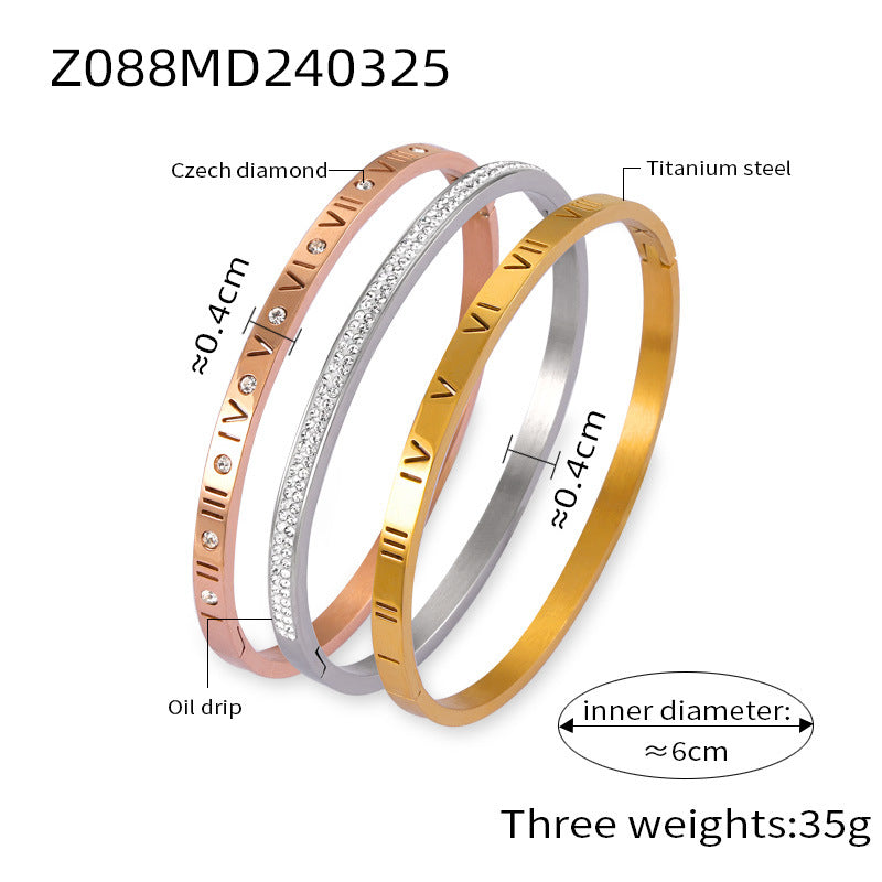 Retro Minority Unique Simple Jewelry Carved Roman Digital Design Diamond-embedded Titanium Steel Gold-plated Bracelet