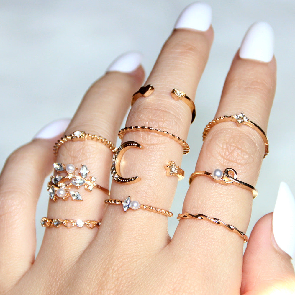 Boho Star & Moon Ring Set – 10-Piece Pearl Leaf Fashion Rings for Women