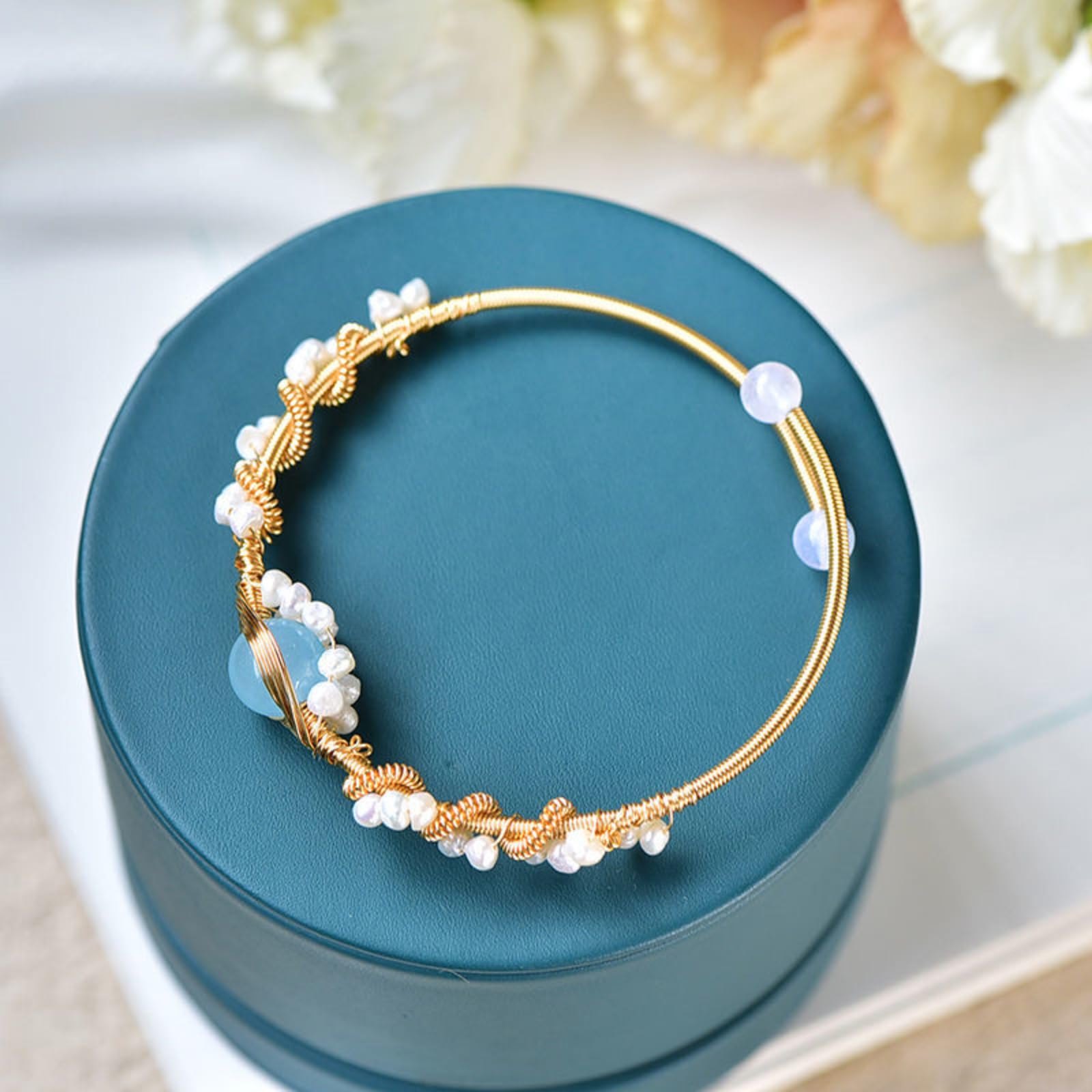 Gold Plated Pearl Bracelet for Women – Vintage Braided Cuff Fashion Jewelry